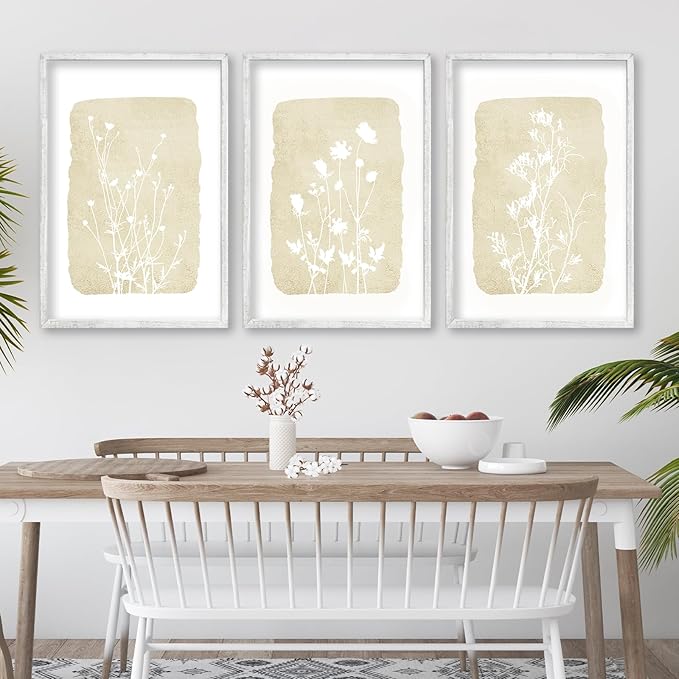 Wildflower Floral Botanical Wall Art Decor 24x16 Inch 3 Piece Boho Plant Wooden Framed Sign Rustic Farmhouse Home Office Relax Illustrations Neutra Minimalist Living Room Wall Hanging (White)