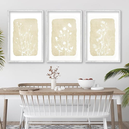 Wildflower Floral Botanical Wall Art Decor 24x16 Inch 3 Piece Boho Plant Wooden Framed Sign Rustic Farmhouse Home Office Relax Illustrations Neutra Minimalist Living Room Wall Hanging (White)