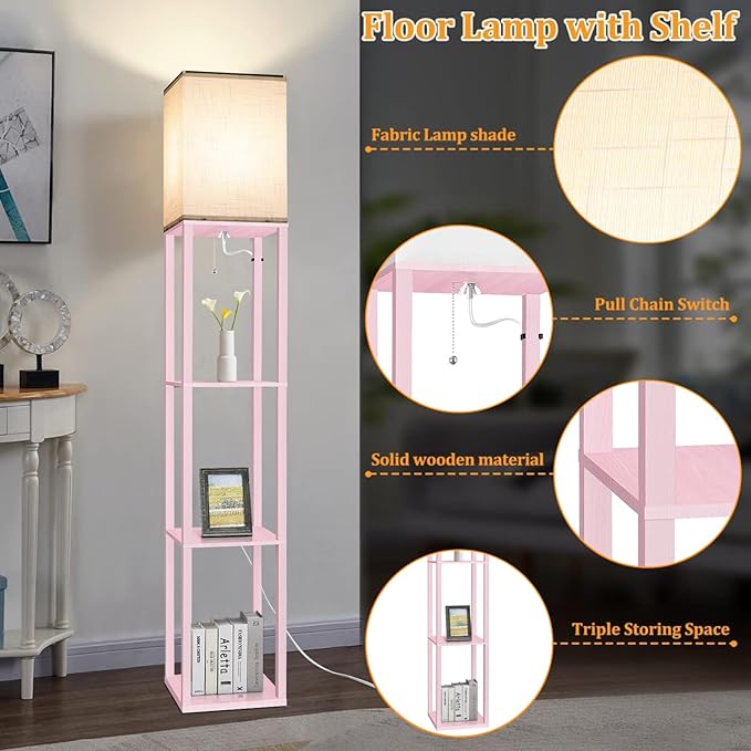 Dott Arts Floor Lamp with Shelves, Floor Lamps for Living Room Decor Display Shelf Lamps with 3 Color LED Bulb, Modern Floor Lamp for Bedroom Standing Lamp for Living Room Office,Home Decor（Pink）