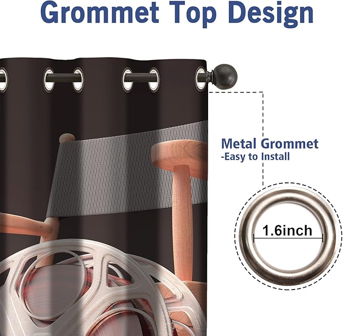 Jekeno Movie Theater Blackout Curtains Movie Theater Theme Print Home Bedroom Living Room Decor Sunlight Blocking Grommet Window Drapes 2 Panel Set, 52"x84"