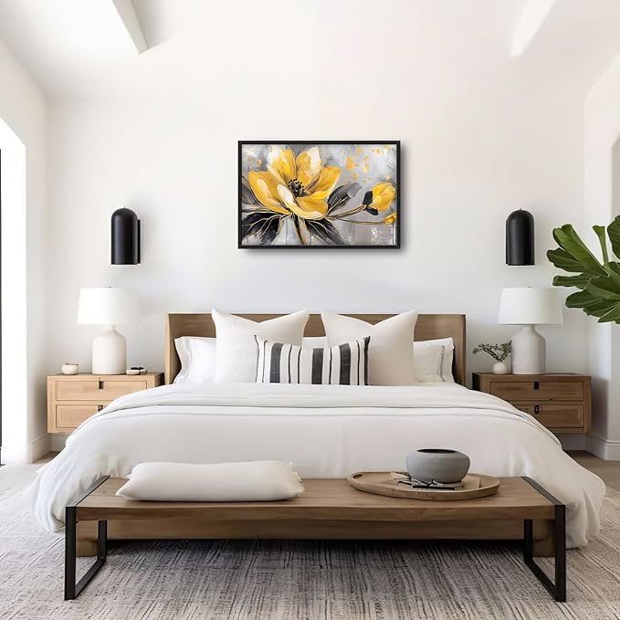 Framed Large Wall Art for Living Room, Yellow Floral Canvas Wall Decor, Gold Flower Pictures Painting, Natural Landscape Artwork for Living Room Bedroom Office 36L'' × 24W''