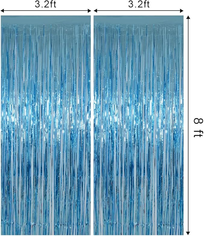 Light Blue Foil Fringe Curtains Party Decorations, Melsan 3.2 x 8 ft Foil Curtains Tinsel Backdrop for Ocean, Baby Shark, Frozen Theme Birthday Decorations - Pack of 2