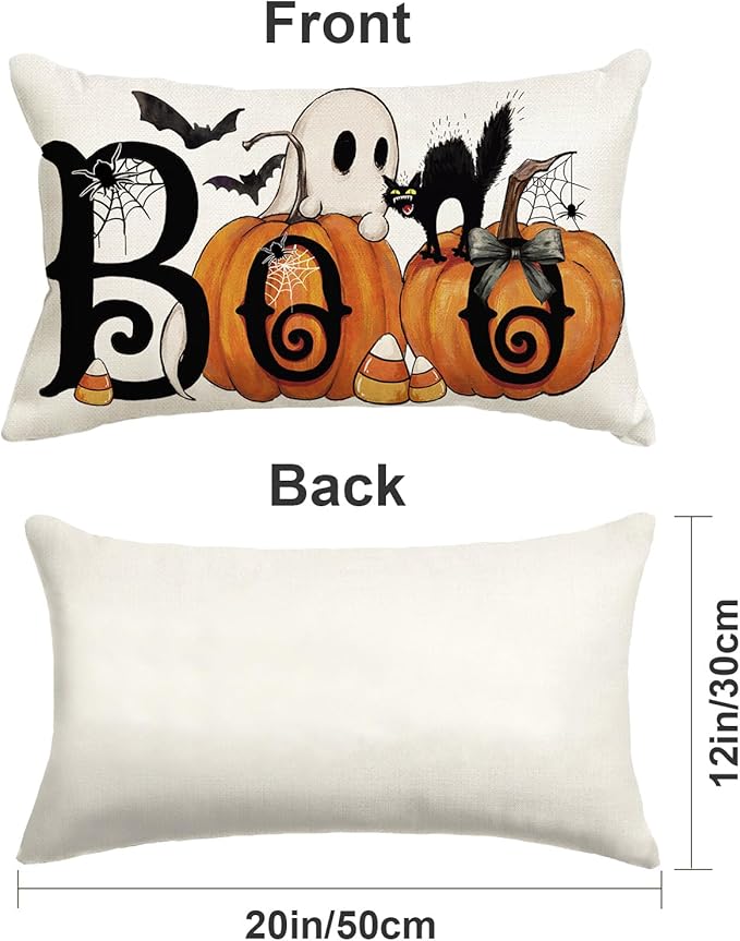 Baccessor Halloween Pillow Cover 12x20 Inch, Boo Ghost Spooky Lumbar Pillow Case Halloween Decor for Cushion Sofa Couch Indoor Outdoor Decoration 1 Piece