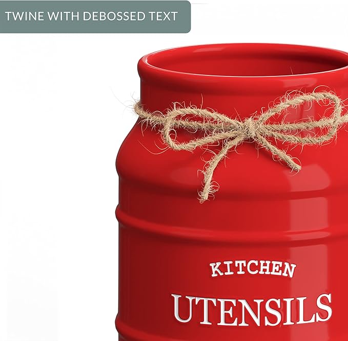 Barnyard Designs Ceramic Farmhouse Utensil Holder for Kitchen Counter, Large Rustic Utensil Crock, Countertop Cooking Tool Spatula Organizer, 6.75” (Red)