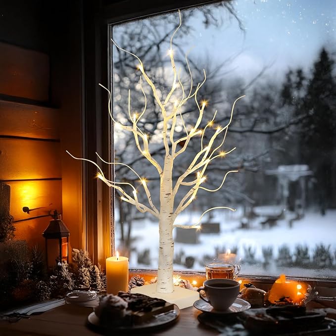 Vanthylit Lighted Birch Tree Battery Powered Tabletop Tree Decorations for Home Mantle Party Christmas Decorations (22 Inch)