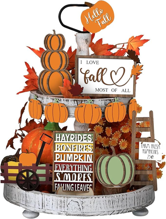 Sumind 15 Pcs Fall Tiered Tray Decor Set Fall Decorations for Home Autumn Wood Signs Thanksgiving Orange Brown Table Signs Farmhouse Wooden Maple Pumpkin Gnomes Tabletop for Festival(Harvest)