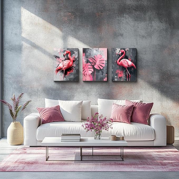 NAN Wind 3PCS Pink Flamingo Wall Art Modern Tropical Monstera Leaves Canvas Print Palm Leaf Bird Wall Decor Contemporary Botanical Print Nature-Inspired Artwork Living Room Decor Bedroom Home Office