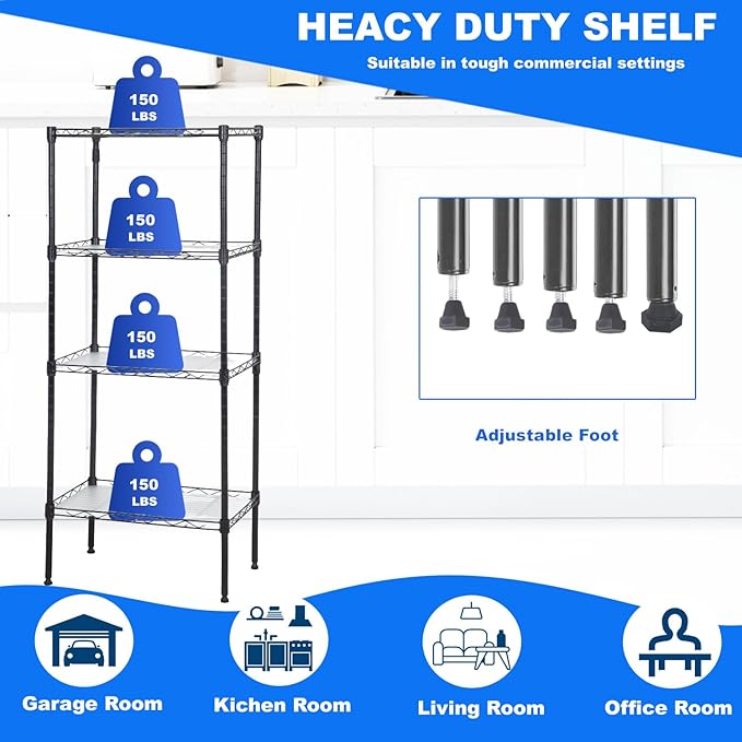 PayLessHere | 4-Tier Wire Shelf | 18"x12"x44" | Black | Adjustable Racks | Heavy-Duty Storage Shelves, Holds Upto 600 lbs | Rust-Resistant, No-Tool Assembly | for Home, Garage Shelving