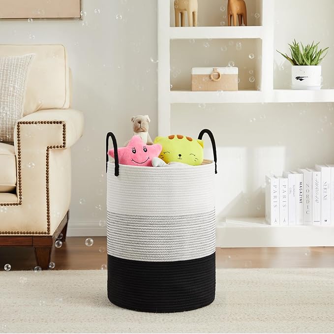 Fiona's magic Cotton Rope Laundry Hamper, Tall Woven Laundry Basket Storage, Baby Nursery Hamper for Blankets, Toys and Clothes Hamper for Bedroom and Living Room Organizing, 72L, Black & White