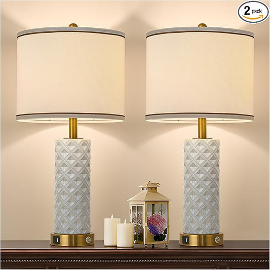 Set of 2 Table Lamp for Living Room Bedroom Farmhouse,26'' Touch Control Bedroom Ceramic Lamps 3-Way Dimmable Bedside Lamps with USB A+C Ports Linen Shade for Home(2 Bulbs Included)