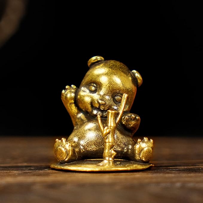 Retro Handcrafted Cute Panda Ornament - 100% Solid Brass Decor | Adorable Panda Sculpture Eating Bamboo | Vintage Style Collectible Art Piece for Home Unique Gift for Panda Lovers & Nature Enthusiasts
