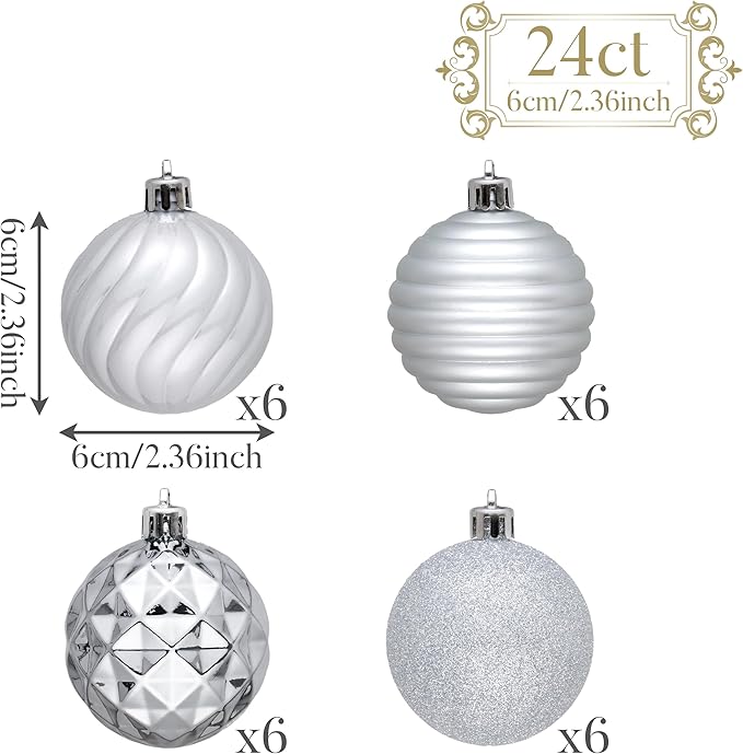 Valery Madelyn Christmas Ornaments Tree Decorations Set for Fall Halloween, 24ct Silver Shatterproof Ball Ornaments, 2.36" Hanging Ornament Bulk for Xmas Holiday Party Decor