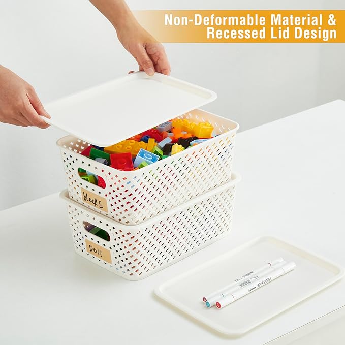 Small Plastic Twill Woven Storage Baskets with Lids, Stackable Organizing Containers with Labels for Pantry Closet Office, 6-Pack,10.35"x7.3"x4.09", White