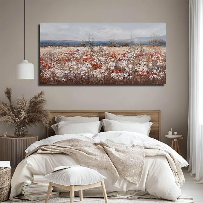 GAIDUOMAI Wildflowers Canvas Art Contemporary Wall Art for Home Blue Sea Wall Decor Large Painting for Living Room Rustic Bedroom Decor 29x58 Inch