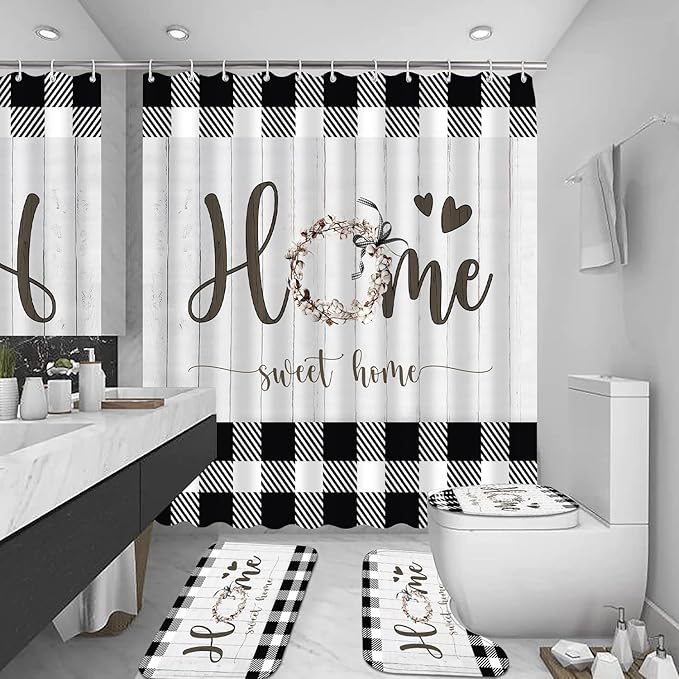 FZDHHY Black and White Shower Curtain Set Home Sweet Home Bathroom Sets with Rugs,Rustic Plaid Bathroom Shower Curtain Set with Carpet Bath Mat Toilet Rugs