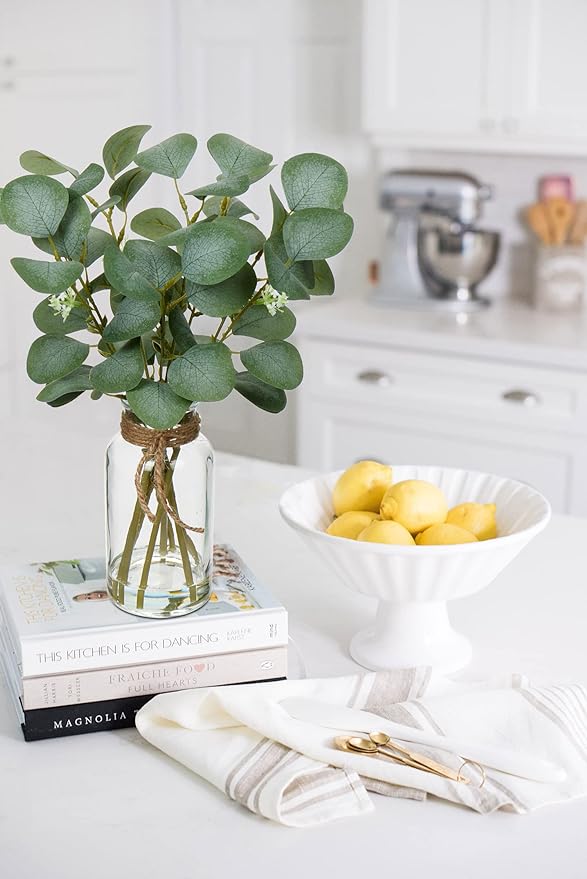 Briful Artificial Eucalyptus Stems in Glass Vase with Faux Water, 14" Fake Plant Eucalyptus Leaves for Home Farmhouse Wedding Centerpiece Bathroom Décor, 2 Packs