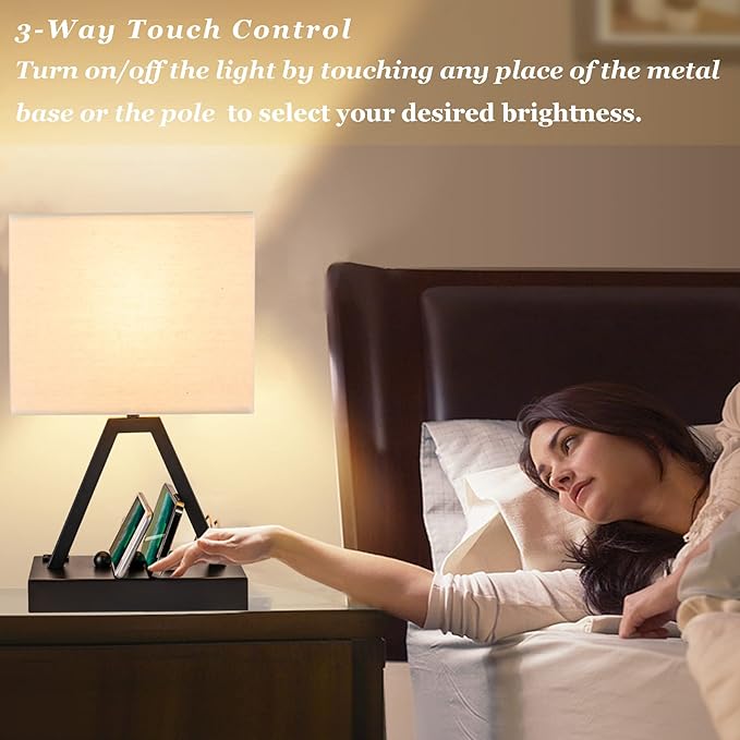 Briever Touch Control Table Lamp, 3-Way Dimmable Desk Lamp with USB C & USB A and AC Outlet, Bedside Lamps with Phone Stands for Bedroom, Living Room, Office, LED Bulb Included, Black