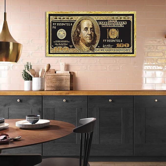 Positive Golden Dollar Money Canvas Office Paintings Prints Wall Art 100 Bill Money Abstract Wall Pictures HD Print Gift Choice for Men Farmhouse Bar Classroom Wall Decor Gallery Wrapped-40"Wx20"H