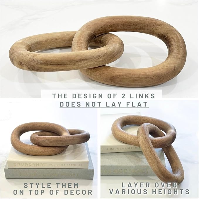 Wood Chain Link Decor – 13” Wooden Decorative Object for Coffee Table Decor and Neutral Decor for Home – Modern Knot Accent for Shelf Styling, Books, or Housewarming Gifts