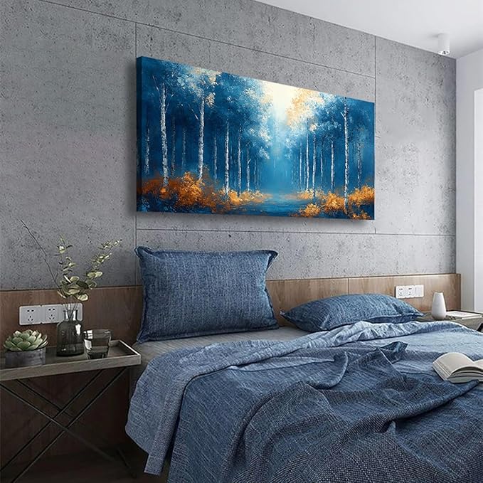 Blue Forest Pictures Canvas Wall Art for Living Room Bedroom Wall Decor,Forest Wall Art Print Paitnings for home Decor,Morden Abstract Fog Artwork Art Waterproof Stretched Ready to Hang-20x40inches
