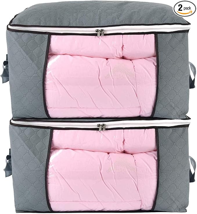 combocube Comforter Storage Bag, Zippered Bag with Large Clear Window and Carry Handles, Space Saver Organizers for Closet, Blanket, Pillow, Quilt, Bedding, Clothes (2Pcs Grey Large)