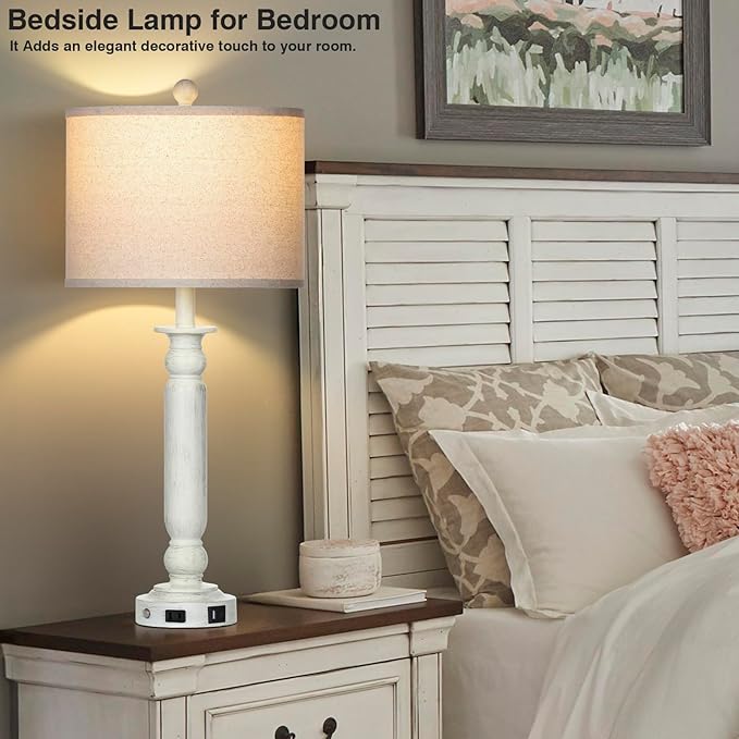 28.5" Tall Farmhouse Table Lamps Set of 2 for Living Room, 3-Way Dimmable Touch Lamps with USB C+A Ports & AC Outlet, Bedside Nightstand Lamps with Linen Shade for Bedroom