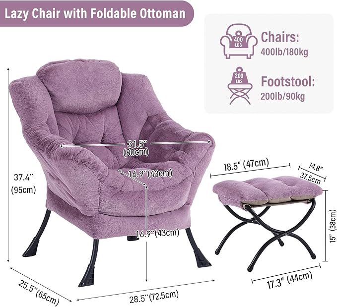 Oversized Chair with Ottoman, Modern Chair with Folding Footrest, Lounge Accent Chair, Comfortable Reading Chair for Bedroom, Study, Living Room, Courtyard (Plush Purple)