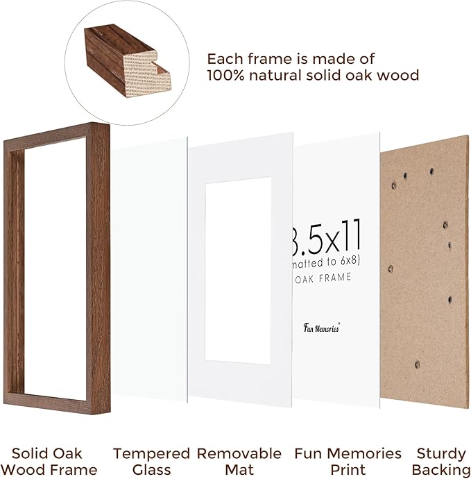 Fun Memories Solid Oak Wood Frame 8.5x11 Photo Frames With Real Glass, Display Poster 6x8 With Mat or Without Mat, Wall Display, Walnut Color, 3 Pack