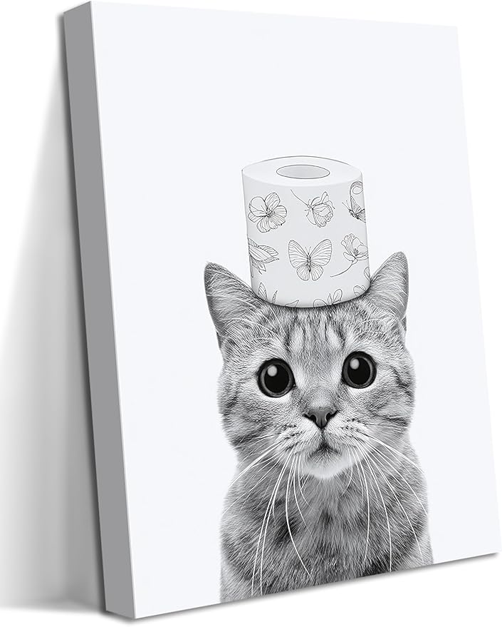 Funny Bathroom Wall Art, Cute Black and White Cat Canvas Wall Decor, Humor Toilet Paper Prints Bathroom Decor, Adorable Animal Picture Paintings Poster Toilet Signs 12x16 inch Framed