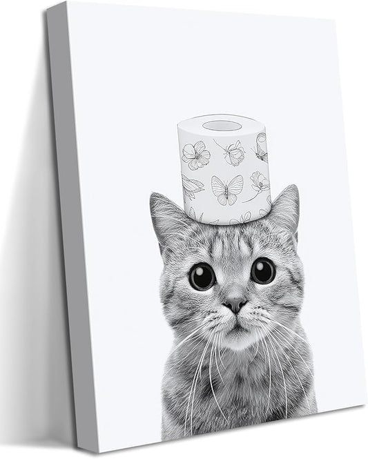 Funny Bathroom Wall Art, Cute Black and White Cat Canvas Wall Decor, Humor Toilet Paper Prints Bathroom Decor, Adorable Animal Picture Paintings Poster Toilet Signs 12x16 inch Framed