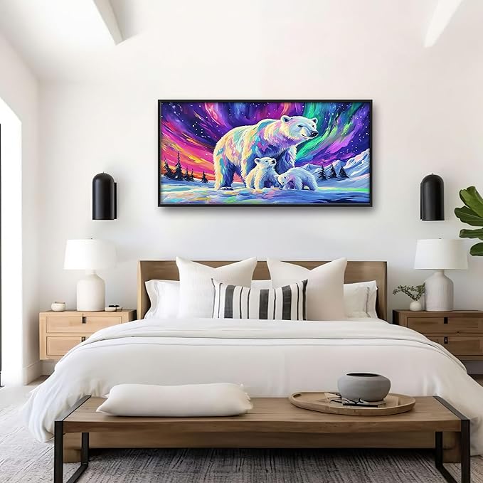 Polar Bear Large Wall Art for Living Room Framed, White Bear Wall Decor Pictures, Aurora Canvas Print Painting, Aesthetic Artwork Bedroom Office Home Decor 60"x30"