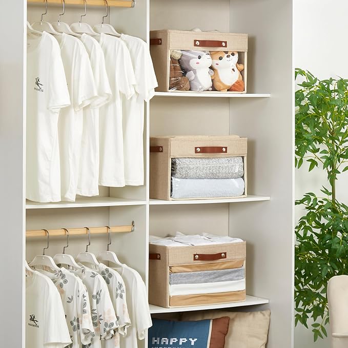 Large Storage Baskets with Clear Window, See Through Closet Organizer with PU Handles, Linen Foldable Storage Bins for Organizing Clothes, Toys, Books (Khaki)