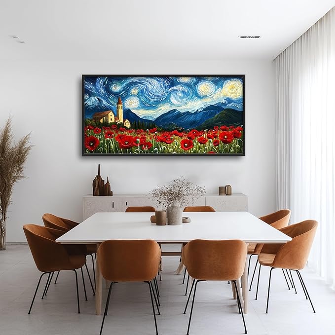 Starry Night Framed Wall Art for Living Room, Large Poppies Canvas Wall Decor, Vintage Red Flowers Pictures Painting, Modern Artwork for Bathroom Bedroom 60L'' × 30W''