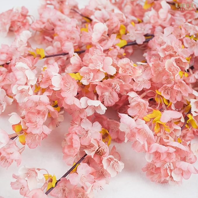 Uieke Silk Cherry Blossom Branches, 39.3in Artificial Cherry Blossom Tree Stems, Fake Plum Blossom Flowers Arrangement for Wedding Home Japanese Decor, Set of 3, Pink