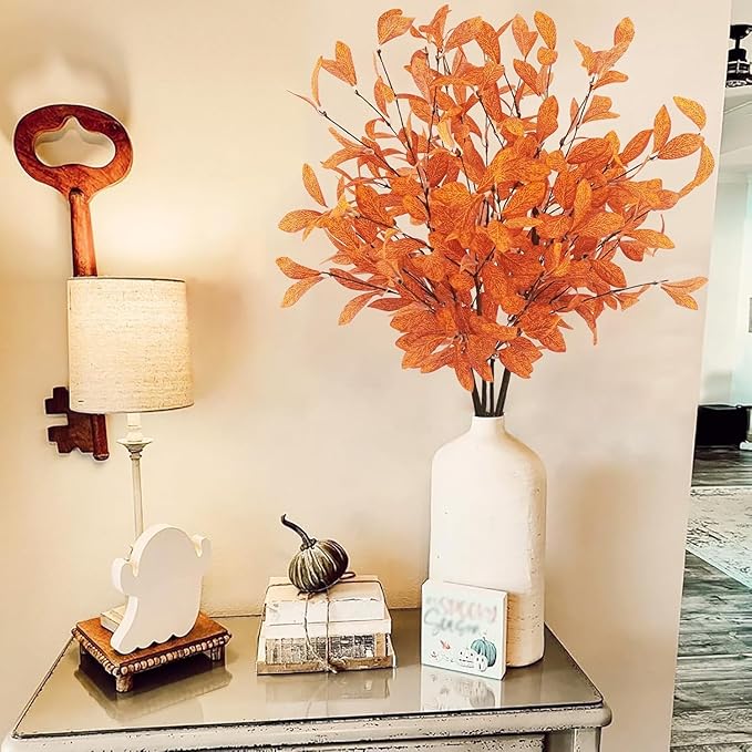 Uieke 18 Pcs Artificial Fall Eucalyptus Stems Fall Eucalyptus Leaves Plants Fall Decorations with Fall Leaves for Autumn Office Home Wedding Centerpiece Fall Florals Arrangement Decor (Orange)