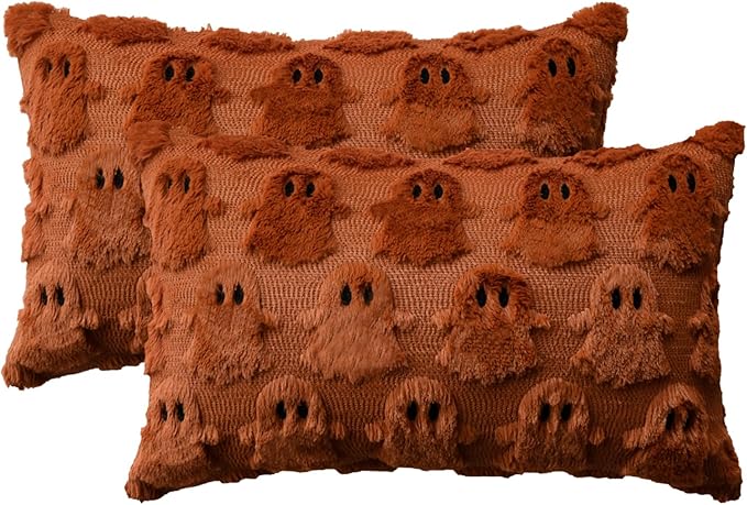 AVOIN colorlife Halloween Ghost Caramel Throw Pillow Cover Set of 2, 12 x 20 Inch Soft Plush Faux Fur Jacquard Spooky Cushion Case Decoration for Sofa Couch