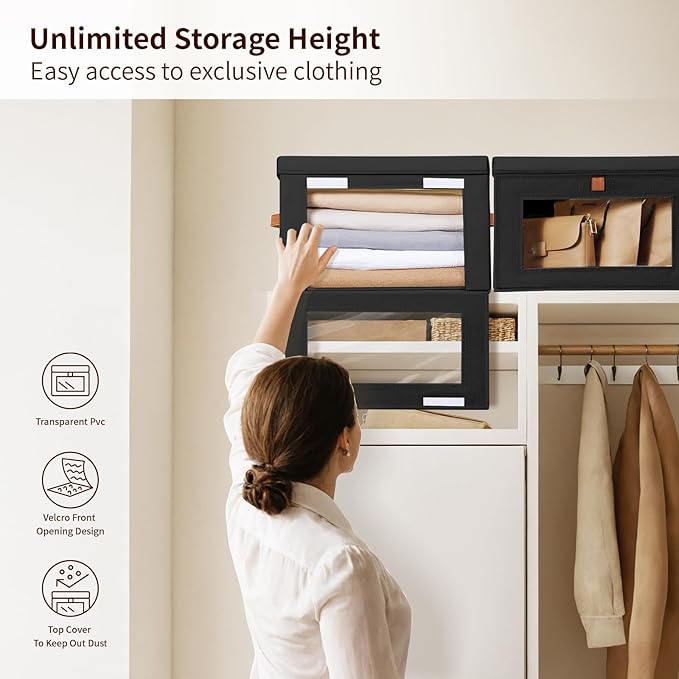 Collapsible Storage Bins - Large Stackable Organizer Bins, Decorative Boxes with Handles & Window, Fabric Containers for Living Room, Closet, Dorm, 2 Pack, Black