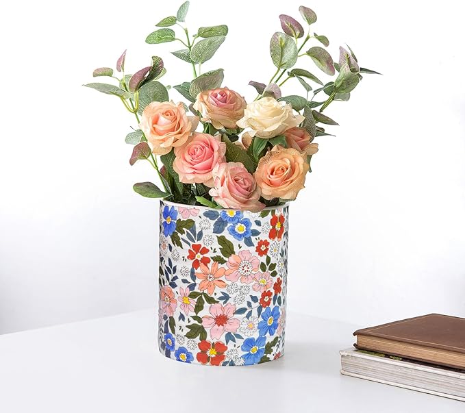 Kitchen Utensil Holder,7.2″Extra Large Stable Vintage Floral Pattern Ceramic Utensil Crock,Flower Utensil Organizer for Countertop,Kitchen Decor,Utensil Holder for Housewarming Gift Pink