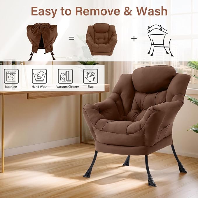 Lazy Chair for Living Room, Modern Accent Chairs with Armrests, Comfy Lounge Chair with Side Pocket, Cozy Lazy Sofa for Reading, Balcony, Bedroom, Dorm, Small Spaces (Dark Brown)