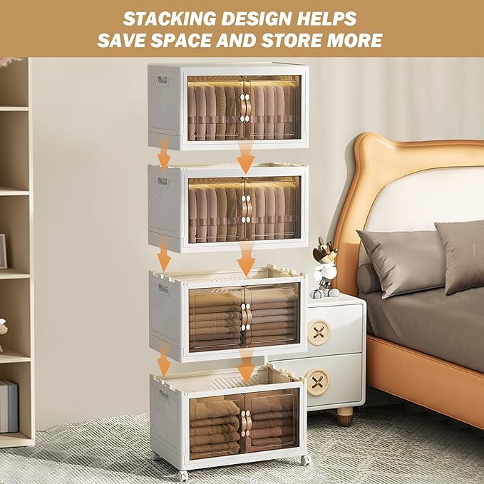 76 Gal Stackable Storage Bins with Lids and Double Doors Plastic 4 Tier Storage Box Collapsible Organizer with Wheels Large Folding Storage Containers for Home Organization 4 Pack 19gal x 4