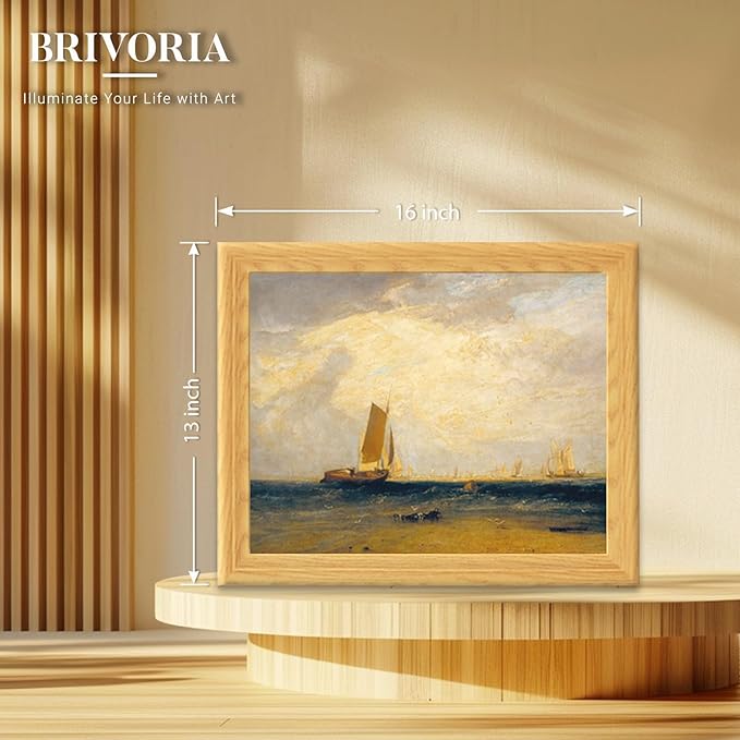 Brivoria Framed Canvas Wall Art Vintage Decor, Romantic Coastal Scene with Sailing Vessel Golden Sky Sunlit Tide and Shore Birds for Hallway Dining Room or Nautical Wall Decoration, 13"x16"