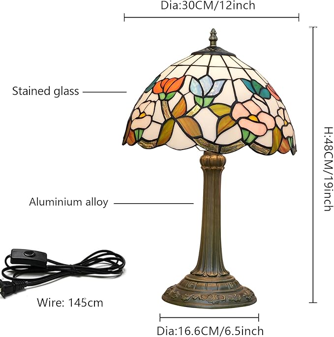 Tiffany Stained Glass Table Lamp, 12 Inch Pastoral Style Morning Glory Design Bedside Lamp, Suitable for Bedroom, Dining Room and Other Home Decoration Art (Pink, Blue and Orange)
