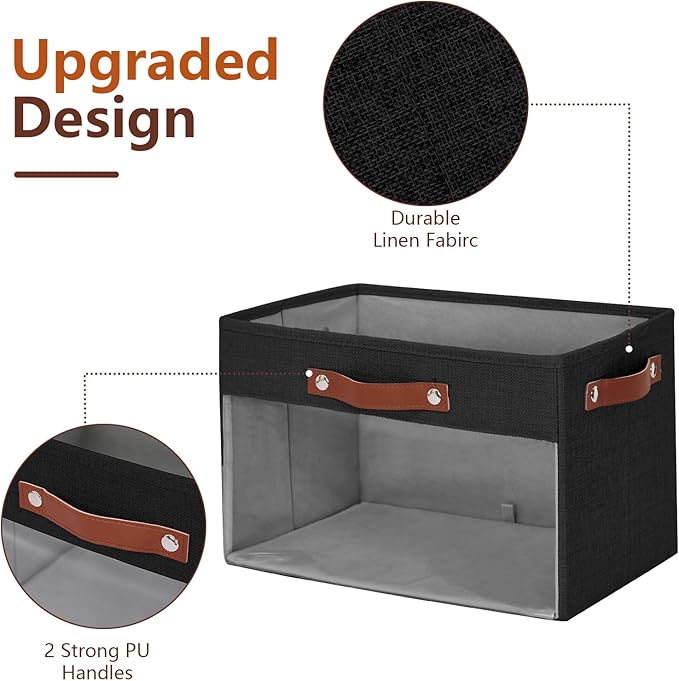 Large Storage Baskets with Clear Window, See Through Closet Organizer with PU Handles, Linen Foldable Storage Bins for Organizing Clothes, Toys, Books (Black)