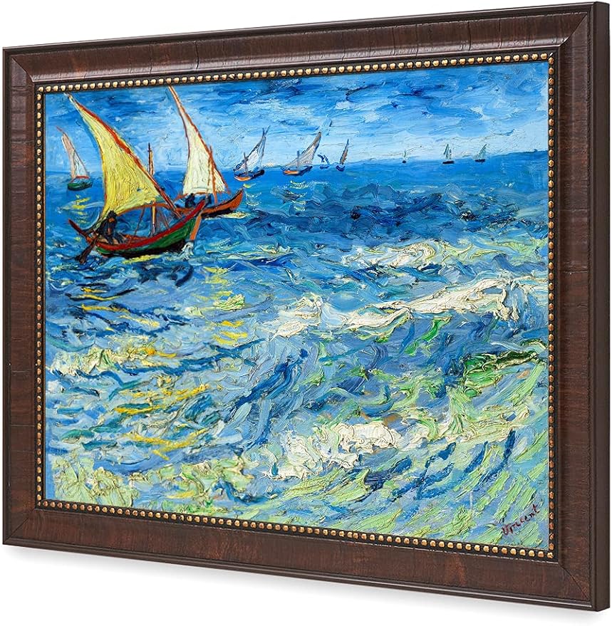 DECORARTS - Fishing Boats At Sea - Vincent Van Gogh Giclee Prints w/Antique Brown Frame for Wall Decor. Picture Size: 20x16, Total Size w/Frame: 23x19