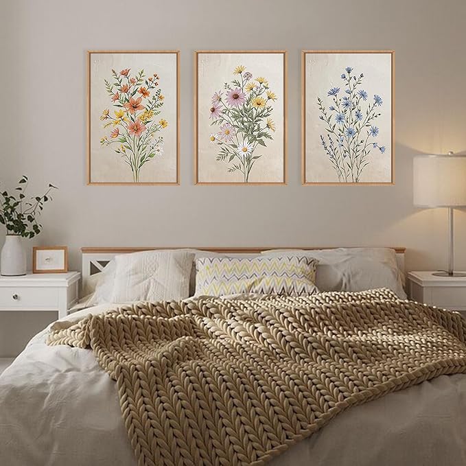 HPINUB Colorful Wildflower Canvas Framed Wall Art Set,Minimalist Botanical Floral Wall Decor,Vintage Flower Artwork,Modern Watercolor Boho Bouquet Art Print for Living Room,Bedroom,Farmhouse-16"x24"x3