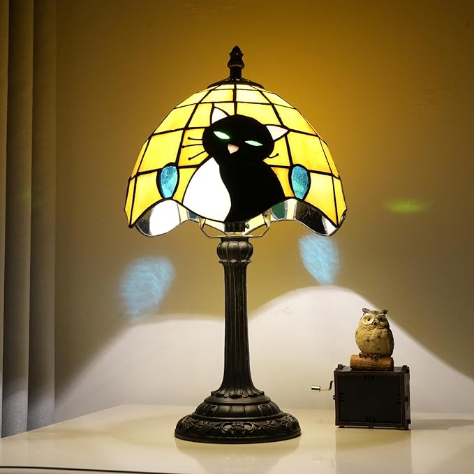 Small Tiffany Lamp Stained Glass Table Lamp Elegant Cute Retro Vintage Style White Black Cat Bedside Night Lamp for Nightstand Bedroom Home Decor Kitchen Counter Antique Living Room Office Fun Lamps