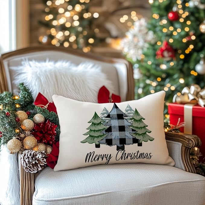 GEEORY Merry Christmas Throw Pillow Covers 12x20 Inch Set of 4, Xmas Trees Truck Blue Buffalo Plaid Believe Farmhouse Decorative Cushion Cases for Home Decoration G594-12