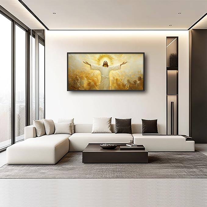 Jesus Framed Wall Art for Living Room, Large Christ Canvas Wall Decor, Jesus Golden Light Pictures Painting, Modern Artwork for Bathroom Bedroom Office 60L'' × 30W''