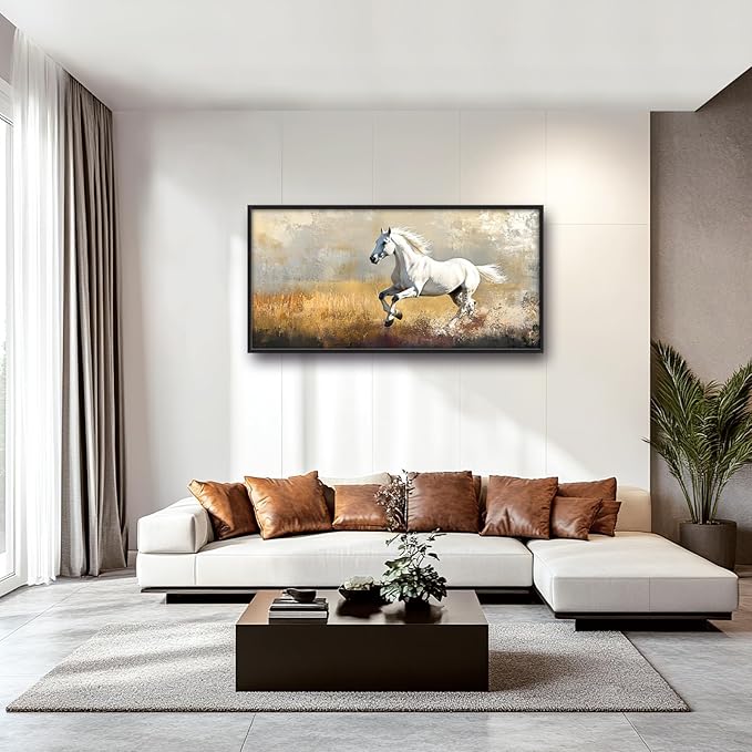 Extra Large Framed Horse Wall Art,Oversized Rustic Horse Running Wall Decor, Vintage Wild Animal Field Pictures for Living Room,Canvas Print Painting Modern Artwork Bedroom Office 60L"x30W"