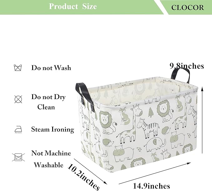 CLOCOR Rectangular Large Storage Basket,Collapsible Cute Pattern Storage Bin,Waterproof Storage Box with Handles,Gift Basket Empty,Room Decor(Green Animals)